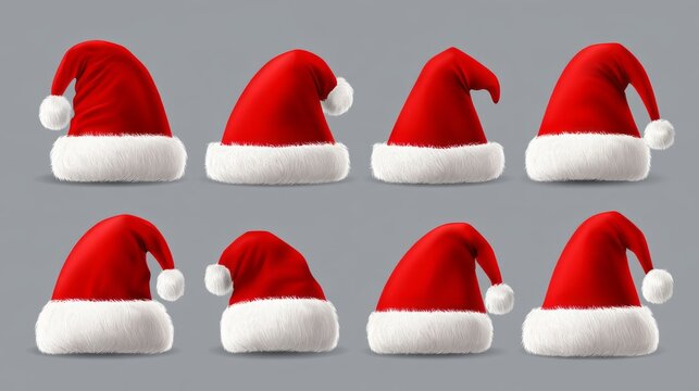 Collection of red santa claus hats isolated on gray background, festive christmas holiday headwear set with fluffy white fur trim and pom poms, winter celebration costume accessories, seasonal party d