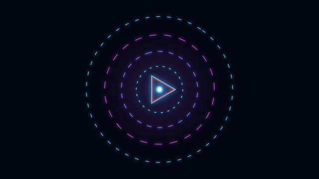 Neon cyan and pink triangles rotating within concentric dashed lines on dark background in static shot