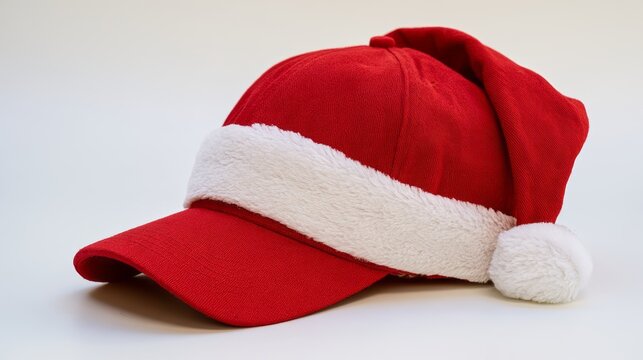 Red christmas baseball cap with soft white fur trim, festive holiday winter hat isolated on a clean background, cozy seasonal accessory for christmas celebrations, santa-inspired headwear and cheerful