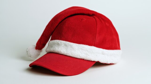 Red christmas baseball cap with soft white fur trim, festive holiday winter hat isolated on a clean background, cozy seasonal accessory for christmas celebrations, santa-inspired headwear and cheerful