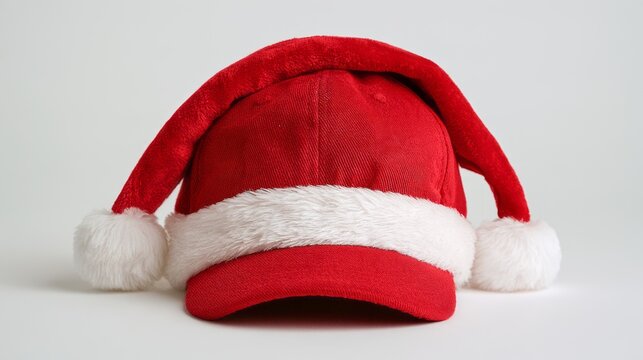 Red christmas baseball cap with soft white fur trim, festive holiday winter hat isolated on a clean background, cozy seasonal accessory for christmas celebrations, santa-inspired headwear and cheerful