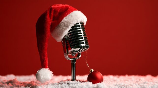 Retro chrome microphone with santa hat and red christmas ornament on snowy surface against vibrant red background, festive holiday podcast concept with winter celebration, christmas music, seasonal en