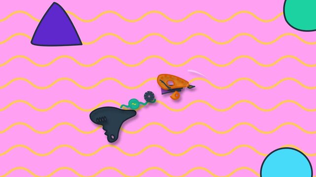 Exploded view animation of a retro 2D space blaster taking apart and reassembling over a bright pink background with wavy lines and geometric shapes