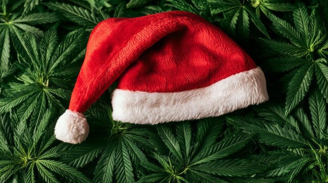 Santa claus hat on green marijuana leaves, festive christmas and winter holiday concept with hemp foliage, seasonal celebration, natural herbal theme, red and green background, creative december holid