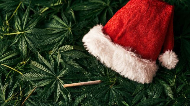 Santa claus hat on green marijuana leaves, festive christmas and winter holiday concept with hemp foliage, seasonal celebration, natural herbal theme, red and green background, creative december holid