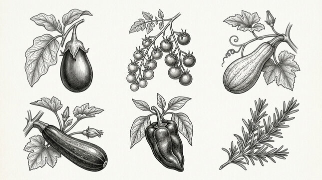 Detailed botanical illustrations depicting a variety of vegetables and herbs in monochrome style for educational and artistic use