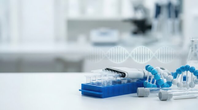 Scientific laboratory equipment and digital DNA helix representing genomic research and biotechnology