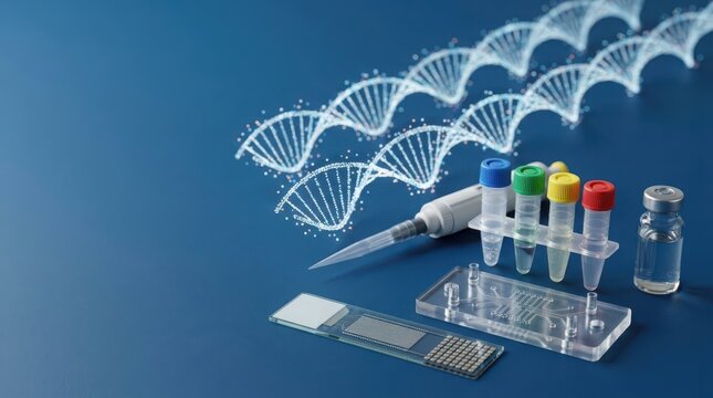 Scientific laboratory equipment and DNA helix imagery representing genomic research and biotechnology advancements
