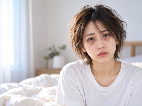 寝起きで目の下にクマがある寝ぐせ髪の若い女性　ベッドルームの朝のイメージ