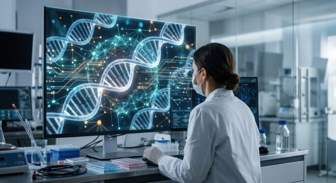 Scientist in laboratory analyzing complex DNA molecules on a futuristic digital display