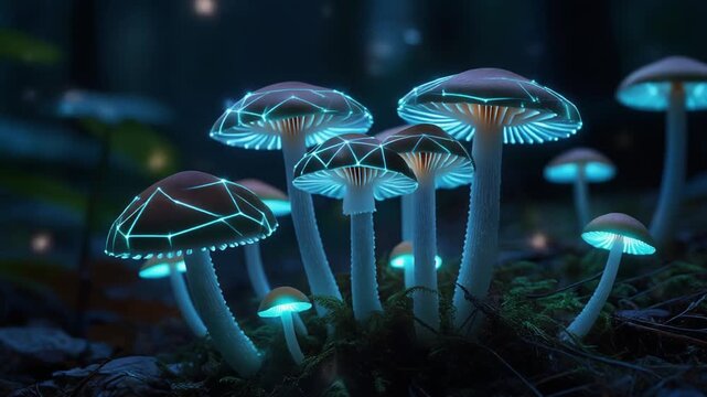 Magical Glowing Mushrooms in Enchanted Forest at Night, Bioluminescent Fungi