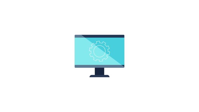 close up of a monitor Flat vector animated desktop computer monitor displaying a technical gear line graphic on screen