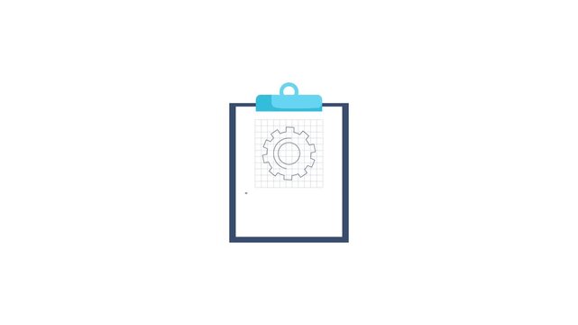 Flat vector animated clipboard holding a blueprint paper with a grid and a gear schematic