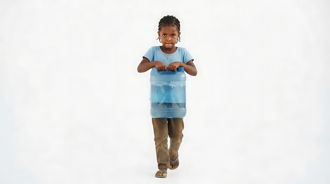 Young child carrying a heavy blue plastic water jug against a plain white studio background
