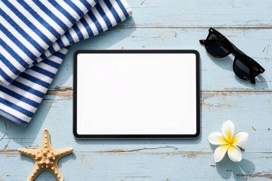 Summer vacation flat lay with blank tablet screen, sunglasses, starfish, and beach towel on wooden background