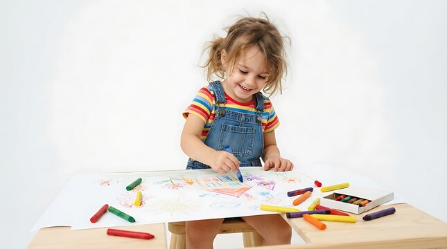 Happy young girl sitting at a wooden table and drawing with colorful wax crayons on white paper