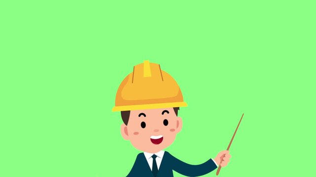 A businessman wearing a yellow hard hat is explaining something