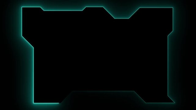 Abstract futuristic frame with glowing cyan neon light border on black background, digital technology concept design element