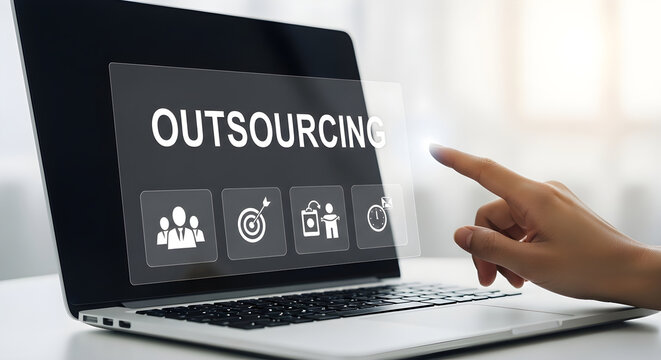 Business professional using a laptop to manage outsourcing operations and strategic services through a digital interface