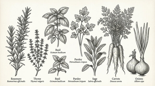 Detailed botanical illustration showcasing herbs and vegetables including rosemary thyme basil parsley sage carrots onions