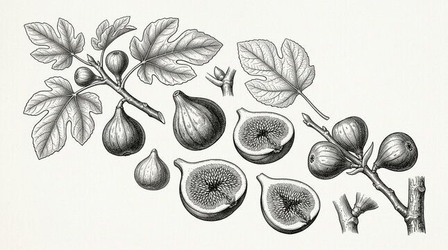 Detailed botanical illustration of fig branches with ripe and unripe fruits along with leaves and cross-sections for botanical