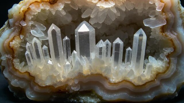 Close-up of Natural Quartz Crystal Geode Interior with Towering Crystals