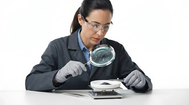 Professional scientist examining battery material samples with a magnifying glass in a laboratory