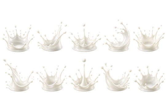 Set of isolated white milk splashes and liquid crown shapes on a