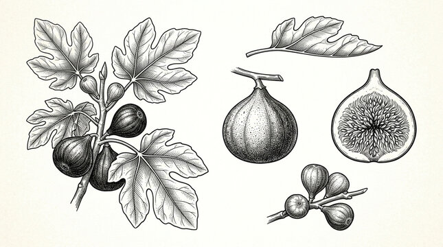 Detailed botanical illustration of fig tree with leaves, fruit, and branches showcasing natural plant structures