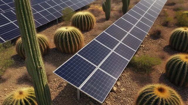Solar Panels in Desert Landscape with Saguaro and Barrel Cactus