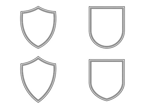 Set of black outline shield badges and frames isolated on white background