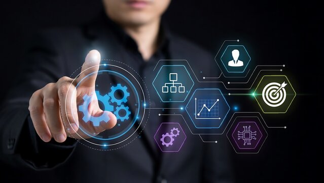 Business Technology and Digital Transformation Concept with Gears, Analytics and Target Interface