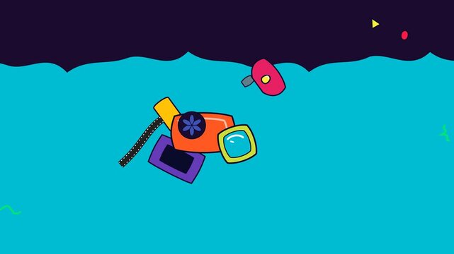 2D animation of a red compact camera exploding into its various parts including film strip and flash before reassembling over a wavy blue background