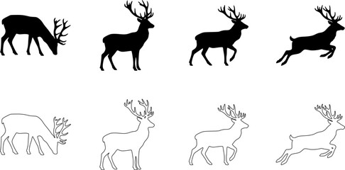 Fototapeta premium Variety of deer silhouettes in different poses and sketched versions on white background