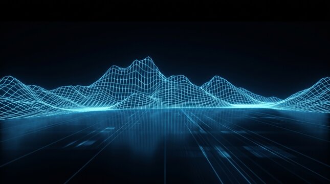 Digital landscape with glowing wireframe mountains in cyber realm