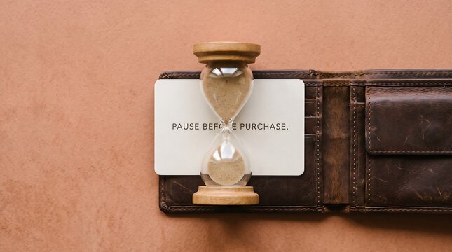 Hourglass and credit card with pause before purchase text
