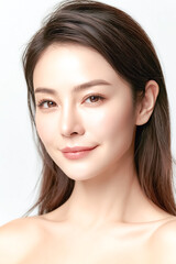 Fototapeta premium Young Asian woman touching her glowing skin creates a soft, elegant skincare visual ideal for beauty branding, wellness campaigns, and cosmetic advertising.