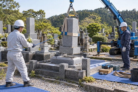 クレーンで墓石を撤去