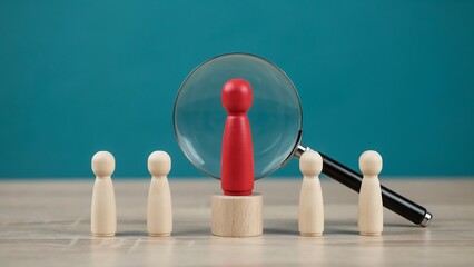 Obraz premium Red Wooden Figure Under Magnifying Glass Standing Out from a Group, Concept of Talent Identification, Candidate Selection and Recruitment