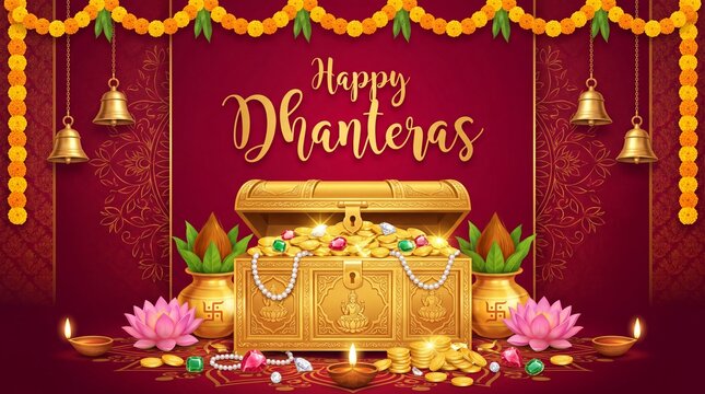 Festival of India Happy Dhanteras with golden coins box, Maa Lakshmi and diwali lights. Vector illustration