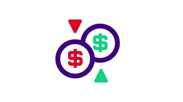 Currency exchange icon with two dollar coins and red green arrows in purple outline for money transfer forex finance trading and banking concepts