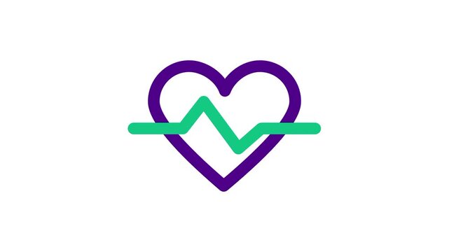 Heart shaped healthcare icon with a green heartbeat pulse line and purple outline for medical care wellness cardiology and healthy lifestyle concepts