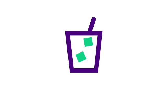 Iced drink cup icon with straw and green ice cubes in a purple outline for cold beverages cafe refreshment fresh juice and summer drink menu concepts