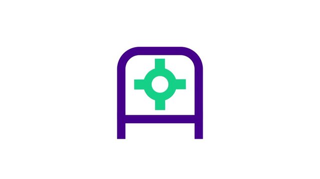 Hotel safe box icon with a green dial wheel handle in a purple outline for secure storage valuables vault protection and guest room security concepts