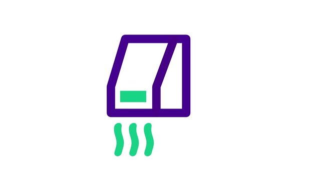 Wall mounted hair dryer icon with green warm air waves in purple outline for bathroom amenities heating drying grooming and hotel equipment concepts