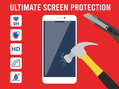 Mobile Phone Tempered Glass Screen Protector Infographic with 9H Hardness Icons and Hammer Impact on Red Background