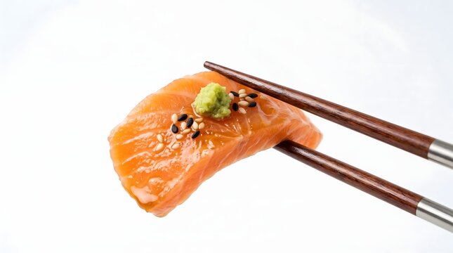 Fresh salmon sushi nigiri held with wooden chopsticks topped with wasabi and sesame seeds wasabi topping japanese cuisine sushi dish raw fish