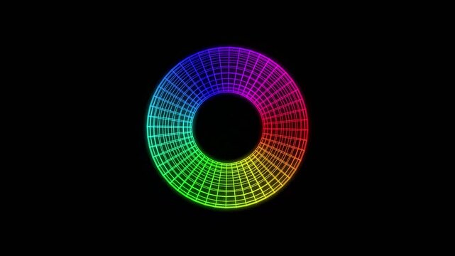 Wireframe torus geometric shape with rainbow gradient on black abstract background