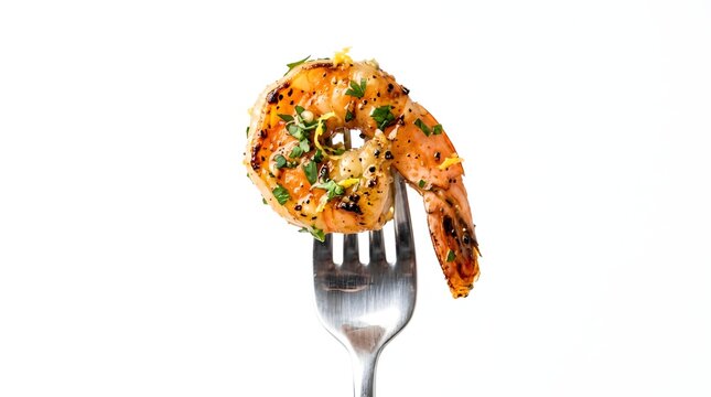 Crispy fried shrimp coated with herbs and spices held on a metal fork cooked prawn crispy seafood breaded shrimp seafood dish spicy shrimp