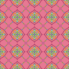 Pink yellow blue and purple pixel ethnic floral seamless pattern. Vector textile design for fashion apparel, wallpaper, and home decor. © Nutthayakarn